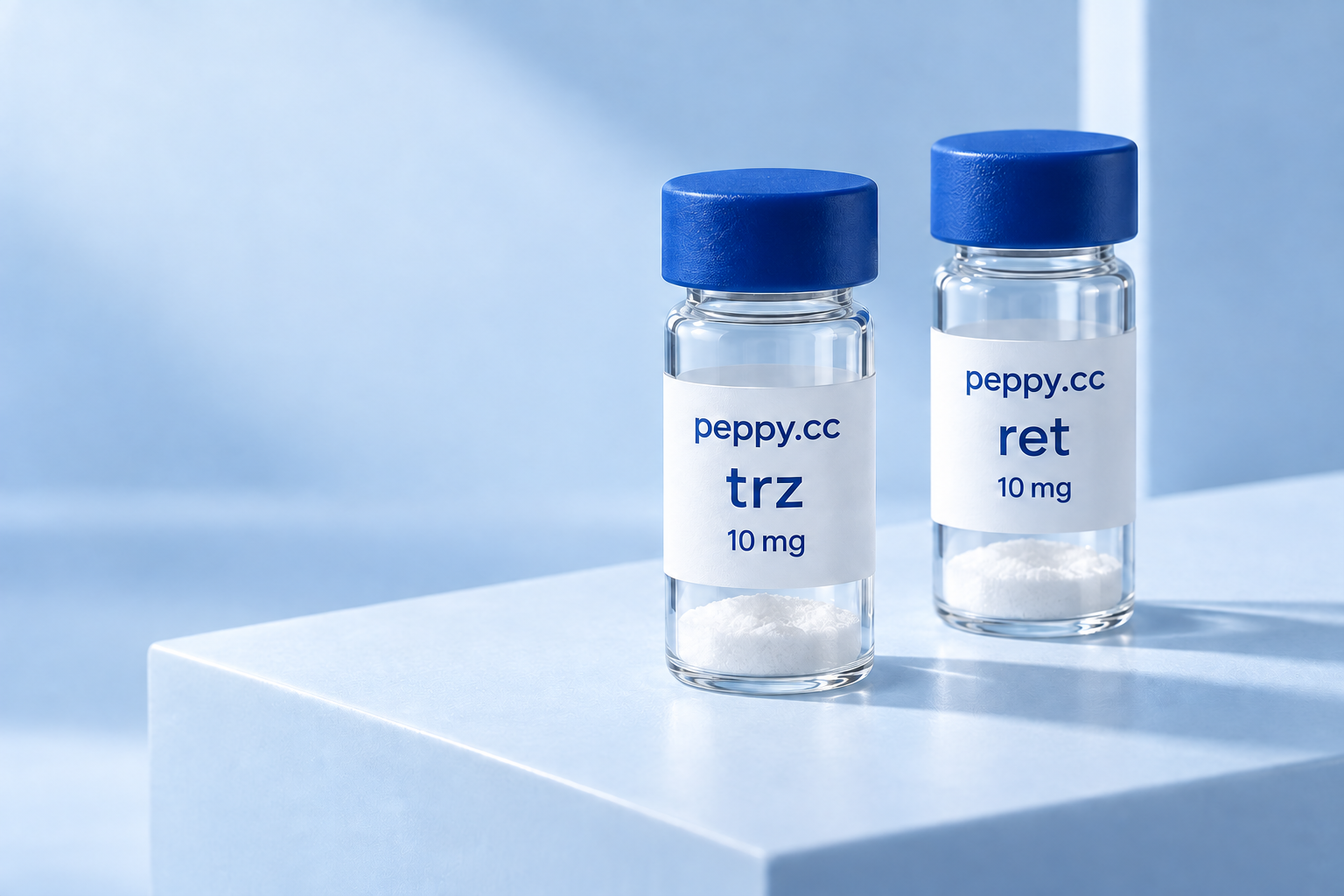 peppy.cc product illustrations: trz 10 mg and ret 10 mg, corresponding to Tirzepatide and Retatrutide.